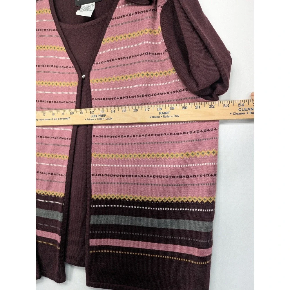 Sag Harbor Womens XL Burgundy Pink Fair‎ Isle 2 Piece Cardigan Shell Sweater Set